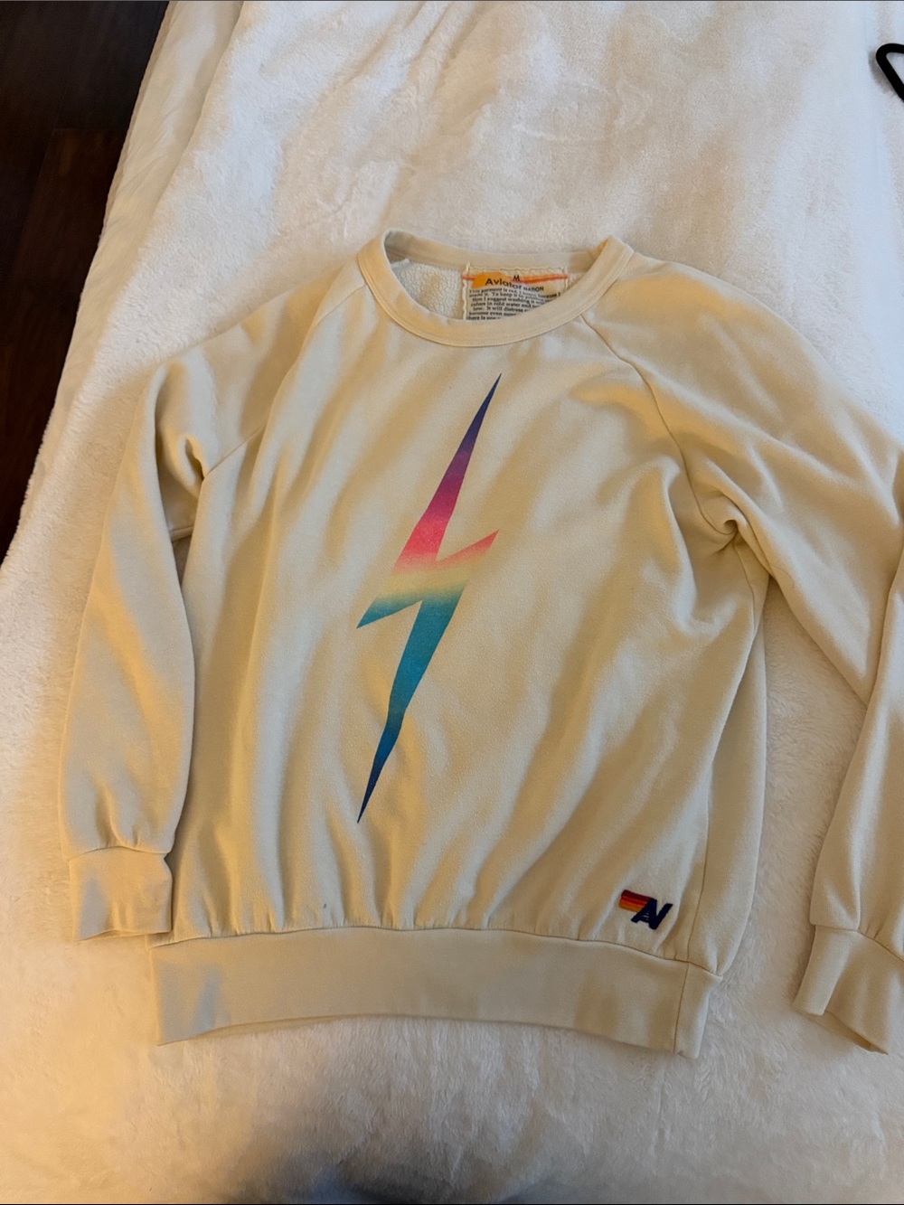 Aviator Nation Cream Crewneck with Rainbow Lightning Bolt
